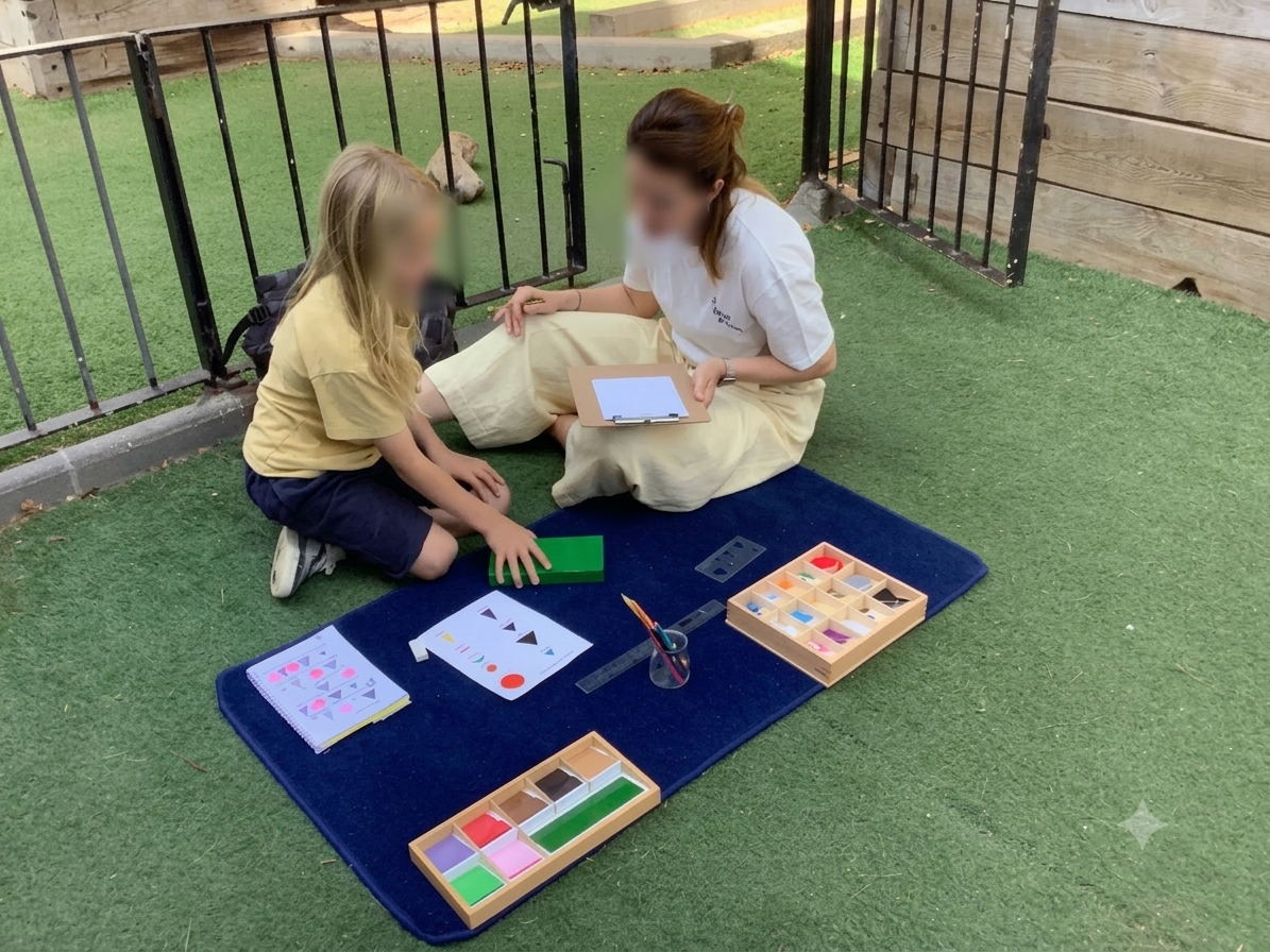 A BMS guide seated at a child's level, presenting material on a mat