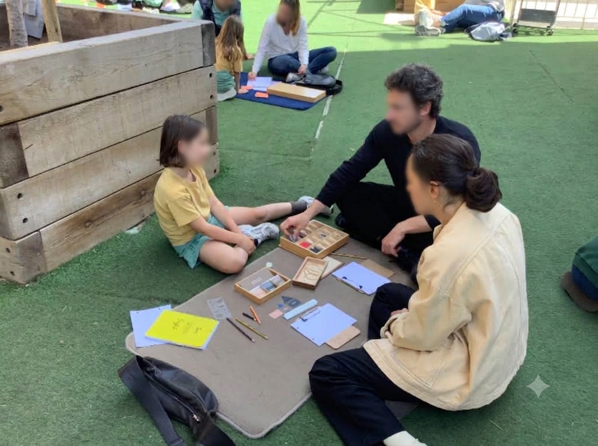 A child at work outdoors on a mat with two guides alongside
