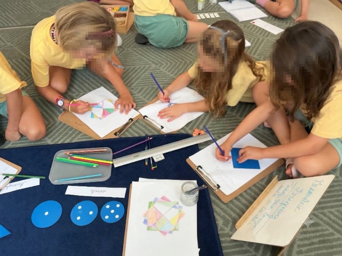 Children drawing geometric figures together on the classroom carpet