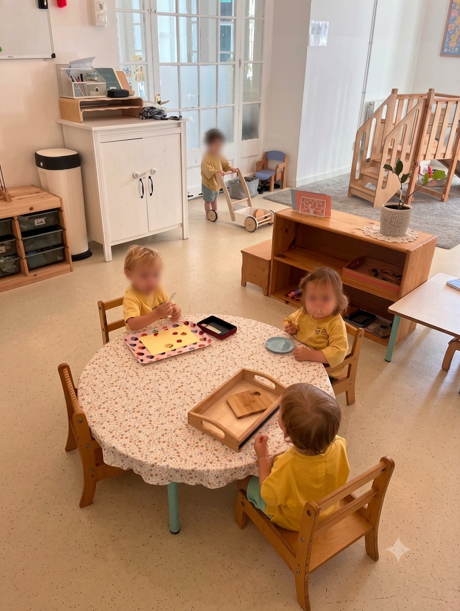 Toddlers in the Nido preparing and sharing their own snack at a low table