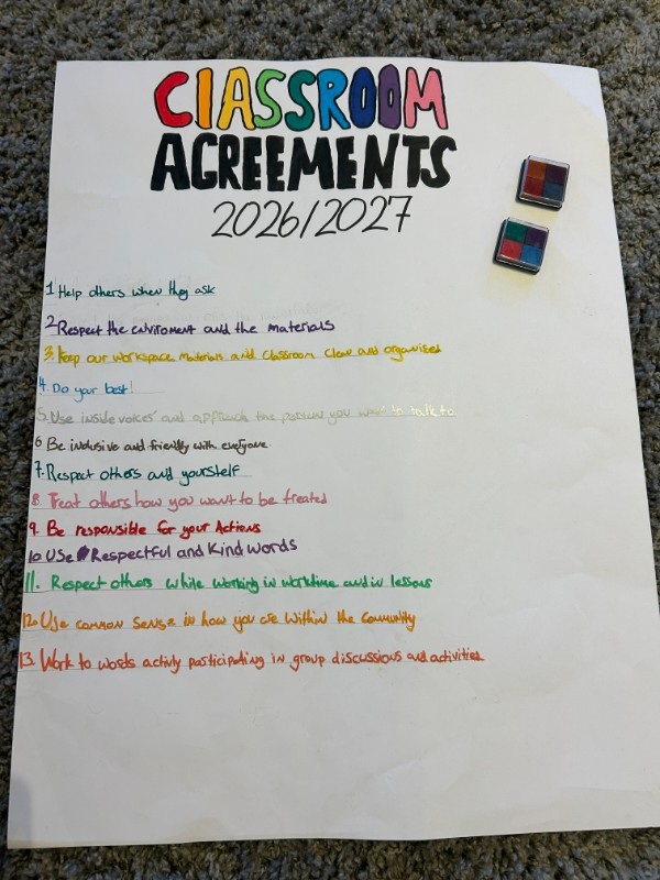 El acuerdo de aula de Saja para 2026/2027, escrito a mano por los alumnos y firmado con sus huellas dactilares