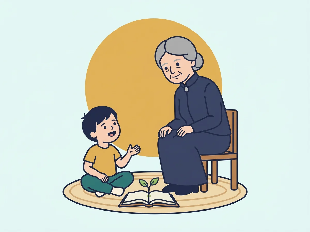 Illustration: Maria Montessori on a little chair, listening to a child, with an open storybook and a seedling growing from its pages.