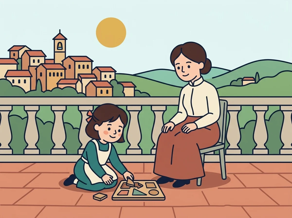 Illustration: little Maria doing a wooden puzzle on a sunny terrace while her mother Renilde watches, with the hill town of Chiaravalle behind them.