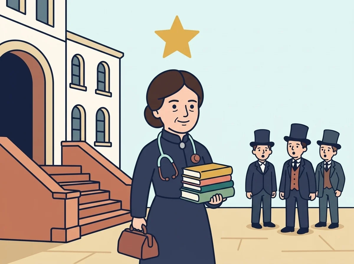 Illustration: young Dr Maria Montessori on the university steps with her books, doctor’s bag and stethoscope, under a bright star.