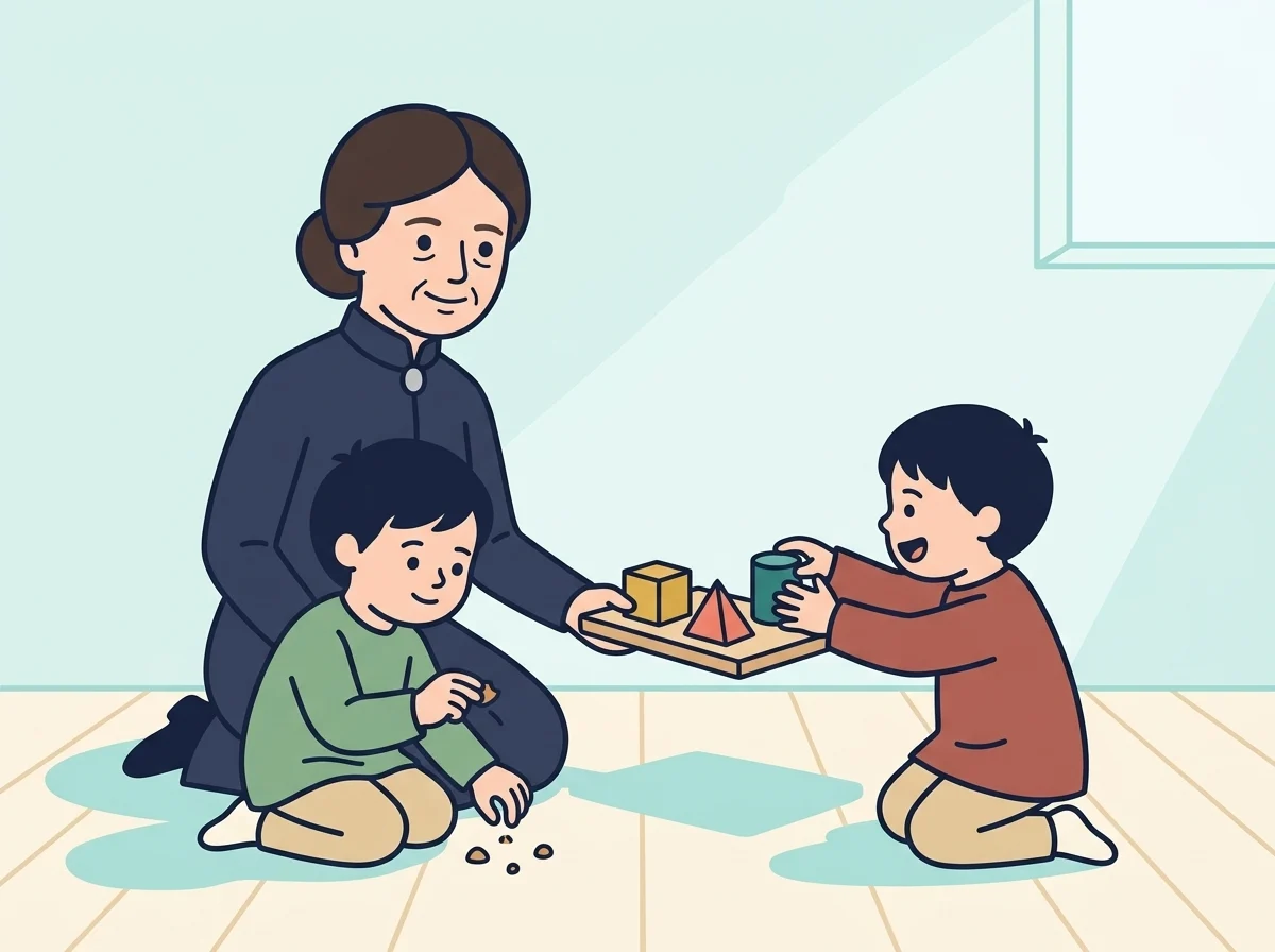 Illustration: Maria kneeling with two small children and offering them wooden shapes to hold, while one child turns breadcrumbs in his fingers.