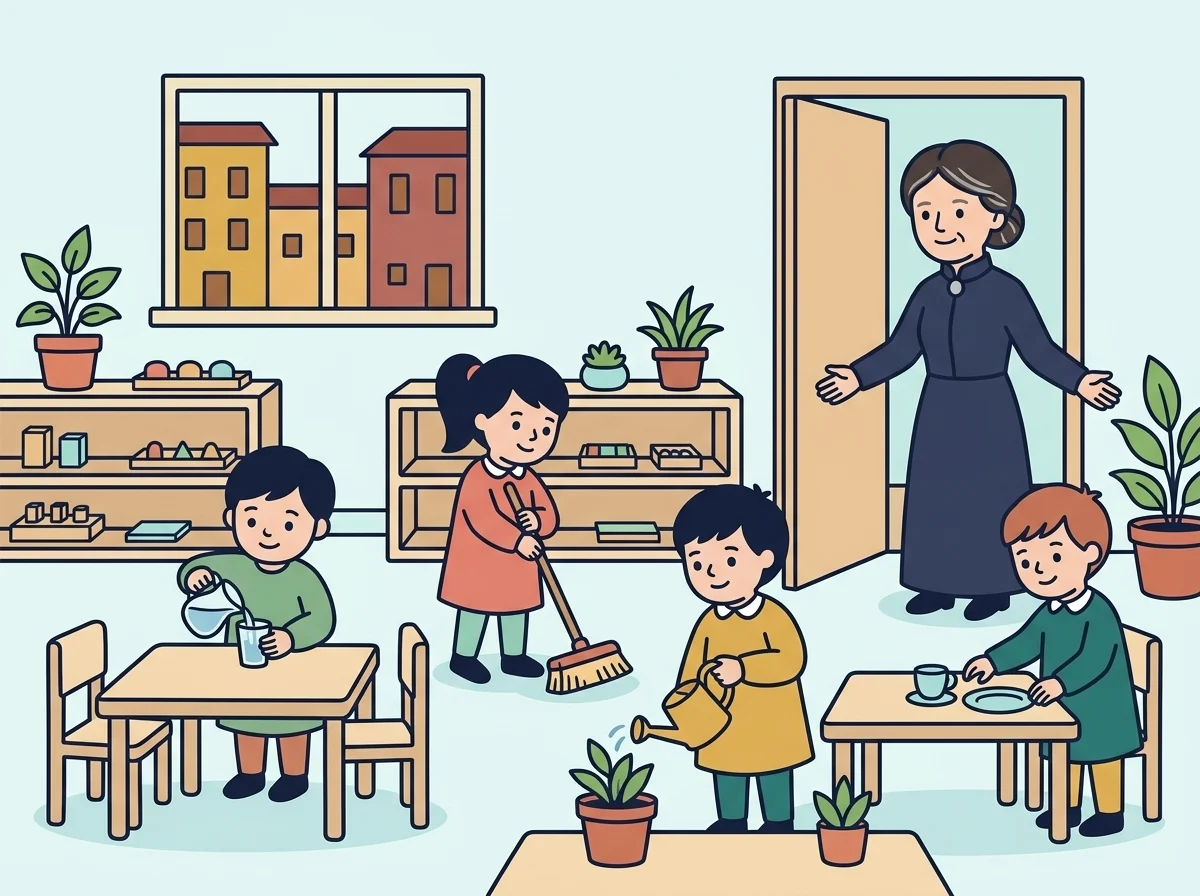 Illustration: the first Children’s House — children pouring water, sweeping, watering a plant and setting the table while Maria welcomes them at the door.