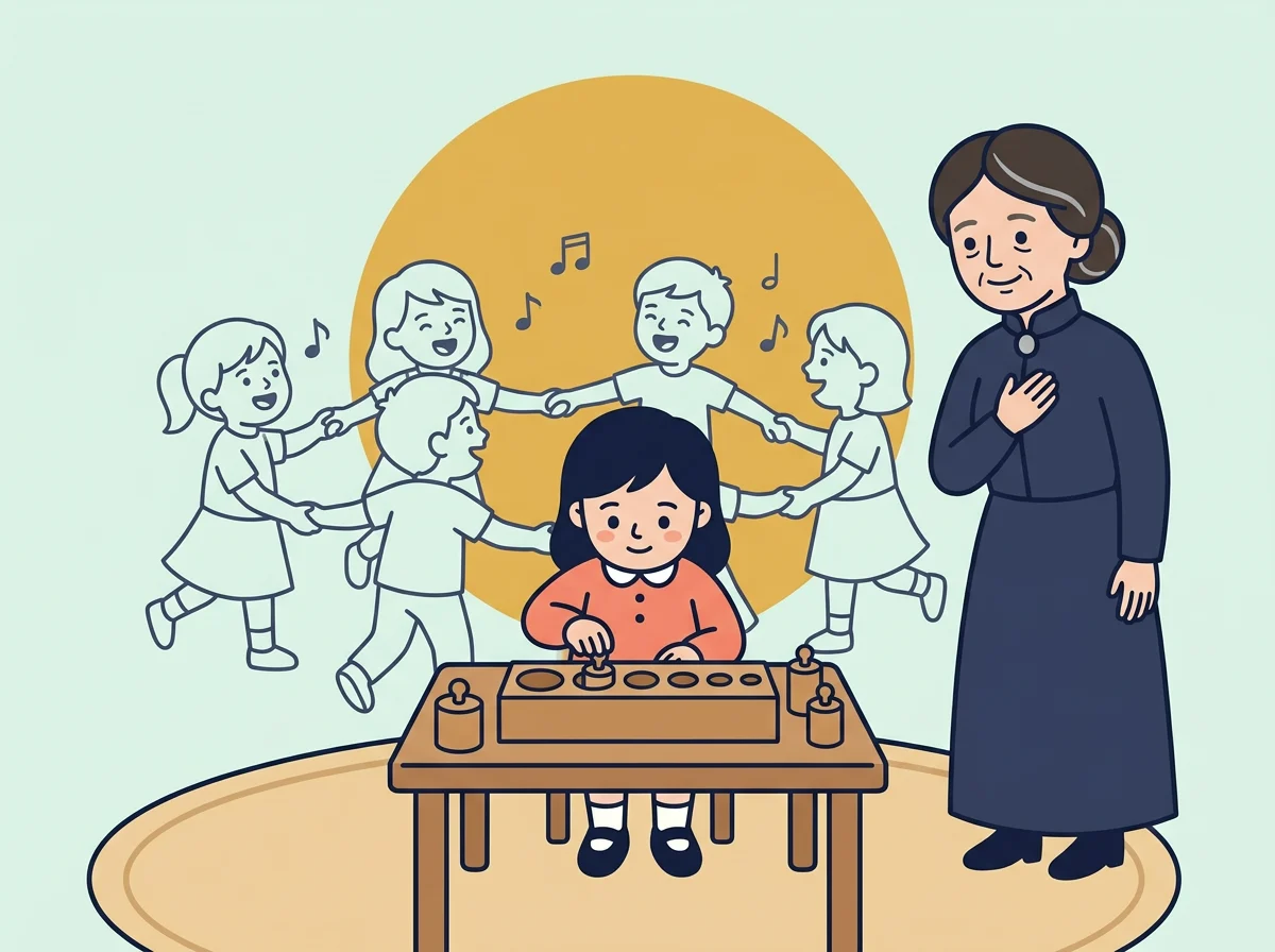Illustration: a little girl concentrating on the knobbed cylinders while other children dance around her and Maria watches, hand on her heart.