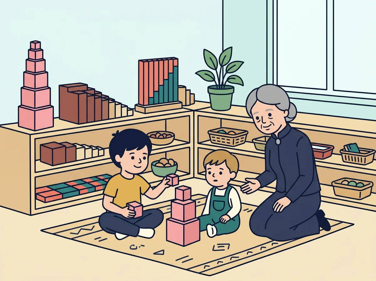 Illustration: two children of different ages building the pink tower together while Maria kneels beside them as a guide.