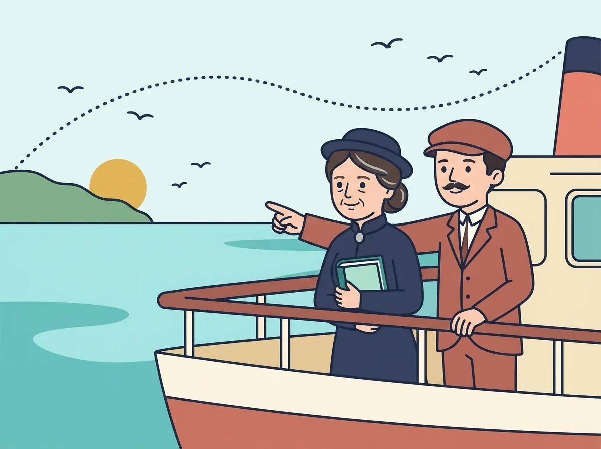 Illustration: Maria and her son Mario on the deck of a steamship, sailing to share her ideas with the world.