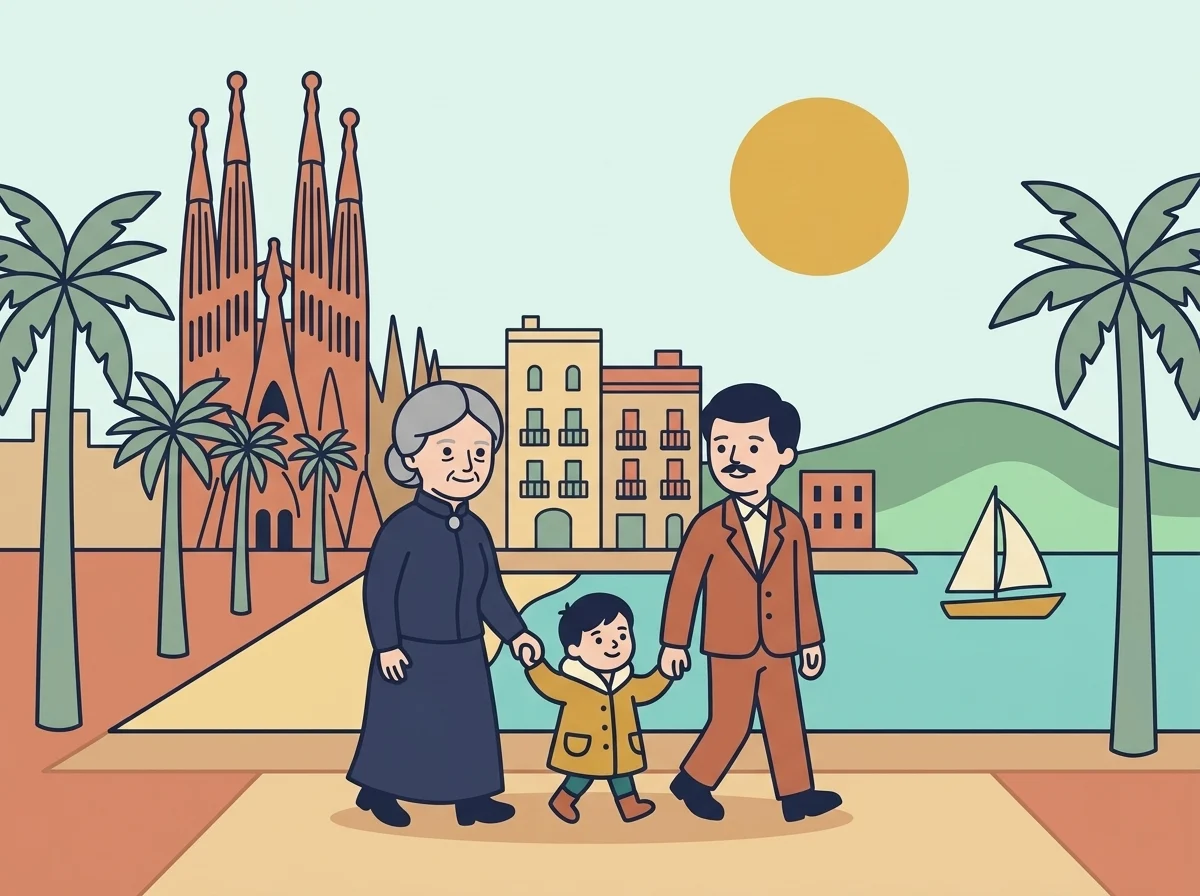 Illustration: Maria walking along the Barcelona seafront with her son Mario and her grandchild, with the Sagrada Família behind them.