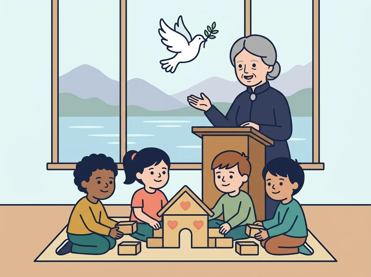 Illustration: Maria speaking about peace in Geneva while children build a little house of bricks decorated with hearts, and a dove flies above.