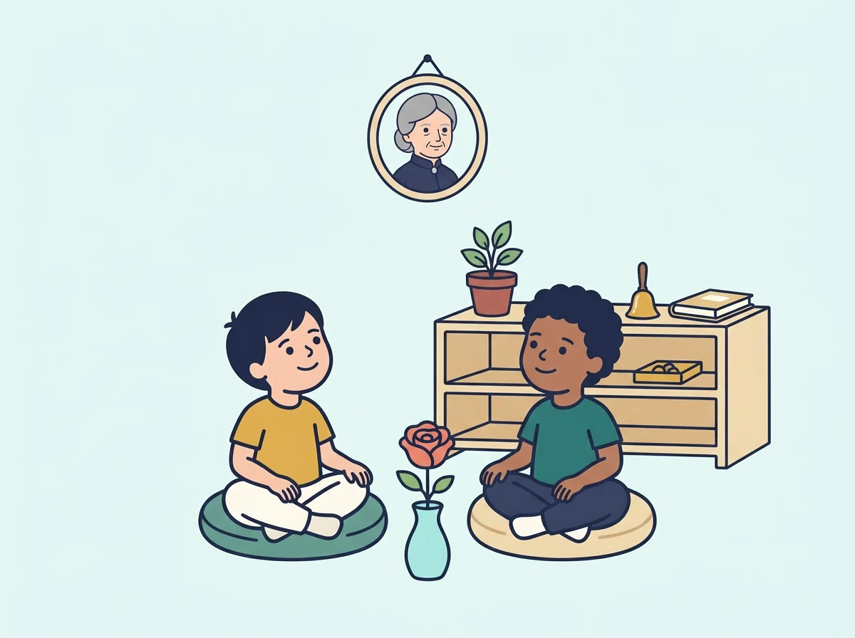 Illustration: two children talking calmly in a peace corner with a rose, a plant and a bell, under a small portrait of Maria.