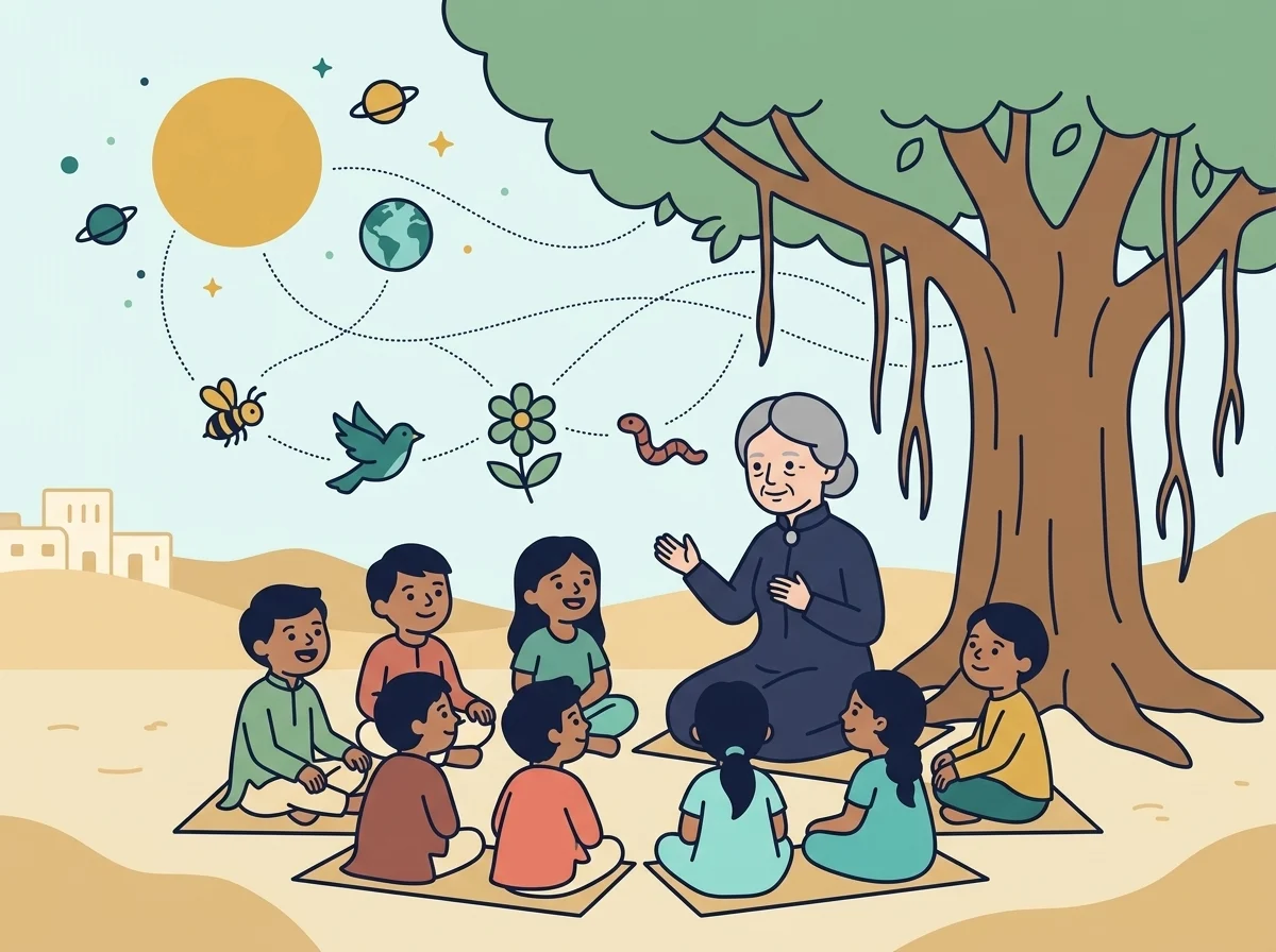 Illustration: Maria telling the great story of the universe to children under a banyan tree in India, with the sun, planets, a bee, a bird and a flower all connected.