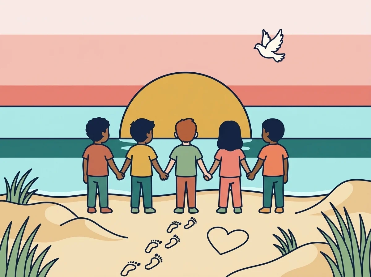 Illustration: children holding hands on the beach at Noordwijk at sunset, with footprints and a heart drawn in the sand and a dove in the sky.