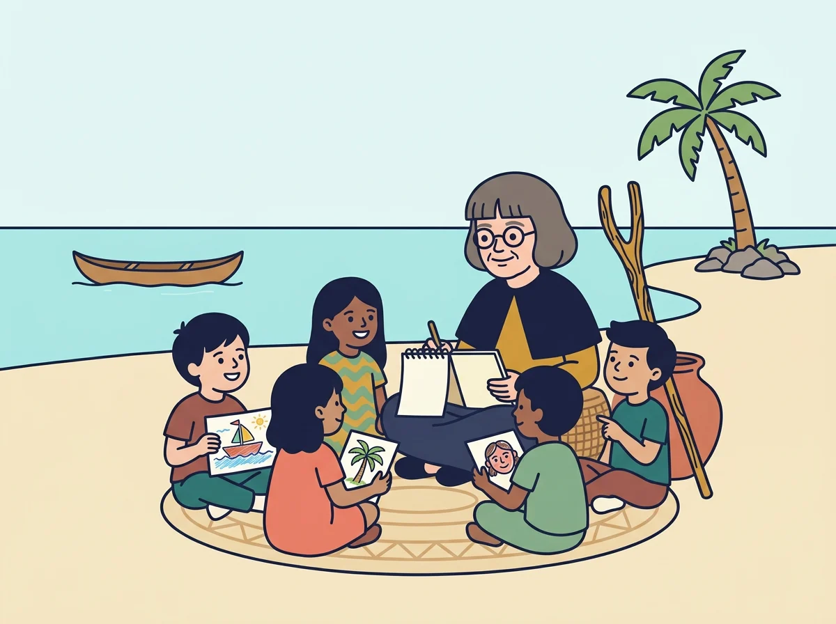 Ilustración: Margaret Mead sentada en una estera tejida con niños de todo el mundo, escribiendo en su cuaderno mientras ellos le enseñan sus dibujos, con el océano y una canoa detrás.