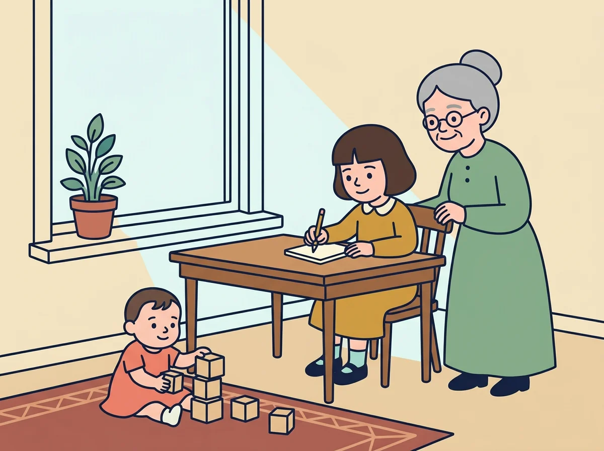 Ilustración: la pequeña Margaret en una mesa junto a una ventana soleada, escribiendo en su cuaderno mientras su abuela Martha la observa y su hermanita juega con bloques de madera sobre la alfombra.