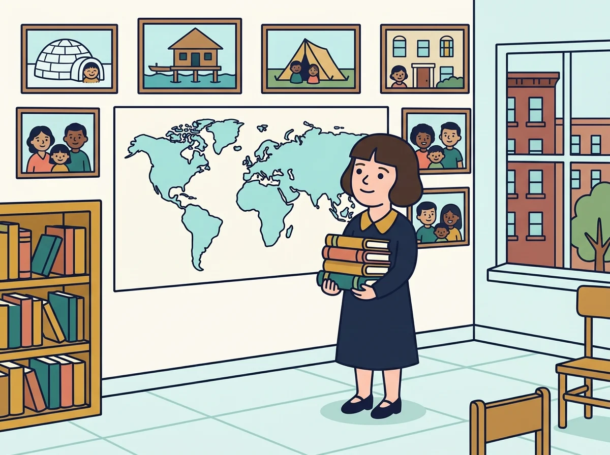 Ilustración: la joven Margaret en la universidad de Nueva York, con los brazos llenos de libros, mirando un gran mapamundi cubierto de imágenes de niños y familias de muchos lugares distintos.