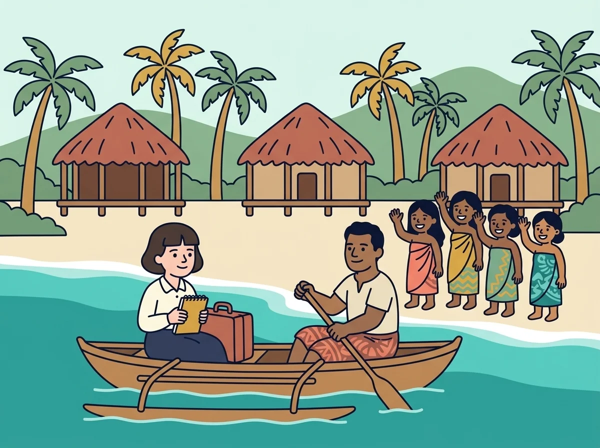Ilustración: Margaret llegando a la isla de Ta‘ū en una pequeña barca, con palmeras, un mar turquesa, casas samoanas sin paredes y un grupo de niñas saludando desde la playa.
