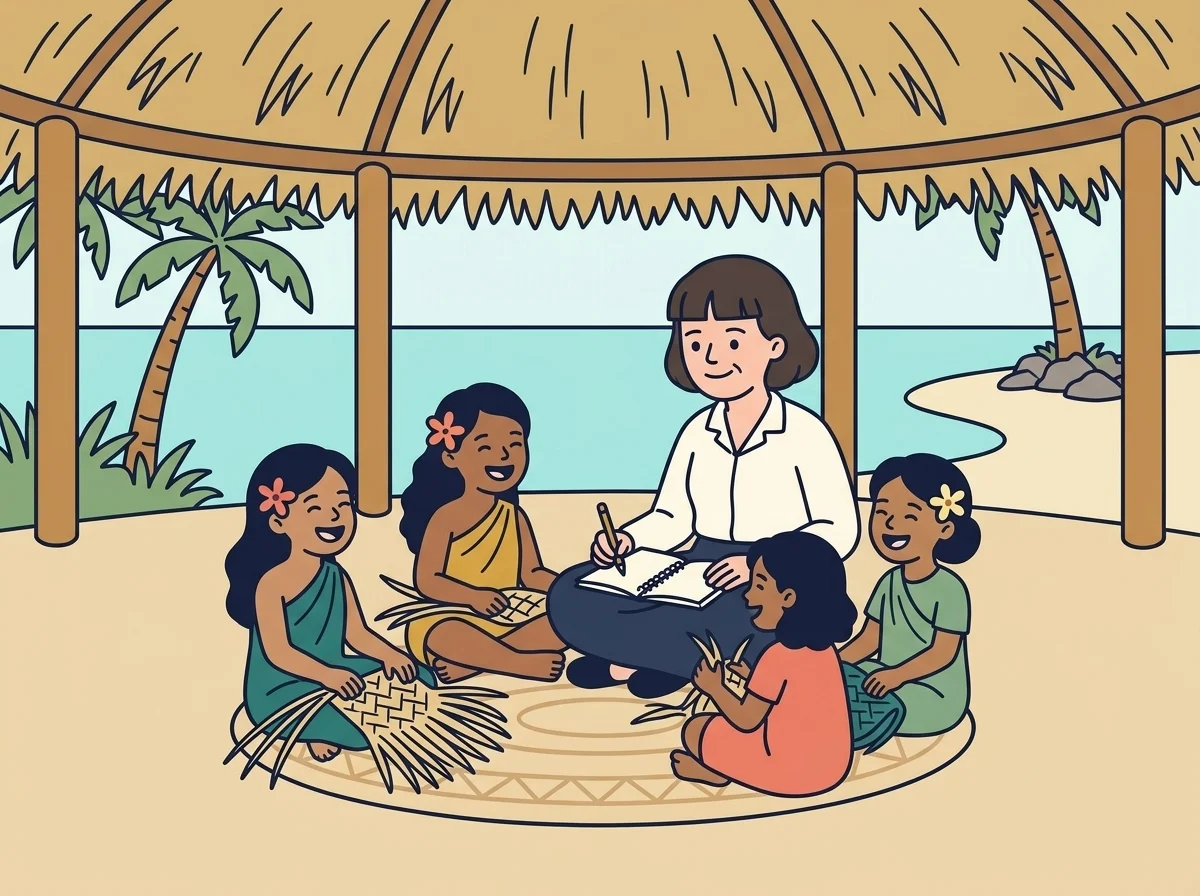 Ilustración: Margaret sentada en una casa samoana abierta, con el cuaderno sobre las rodillas, escuchando a un grupo de chicas que tejen esteras y ríen juntas.