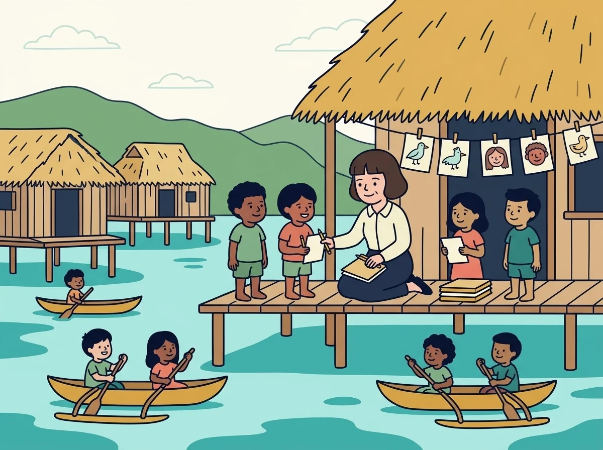 Ilustración: el pueblo de Pere, en Manus, con casas sobre altos pilotes de madera en una laguna turquesa, niños pequeños remando en sus propias canoas y Margaret en una terraza repartiendo papel y lápices mientras los dibujos se secan al sol.
