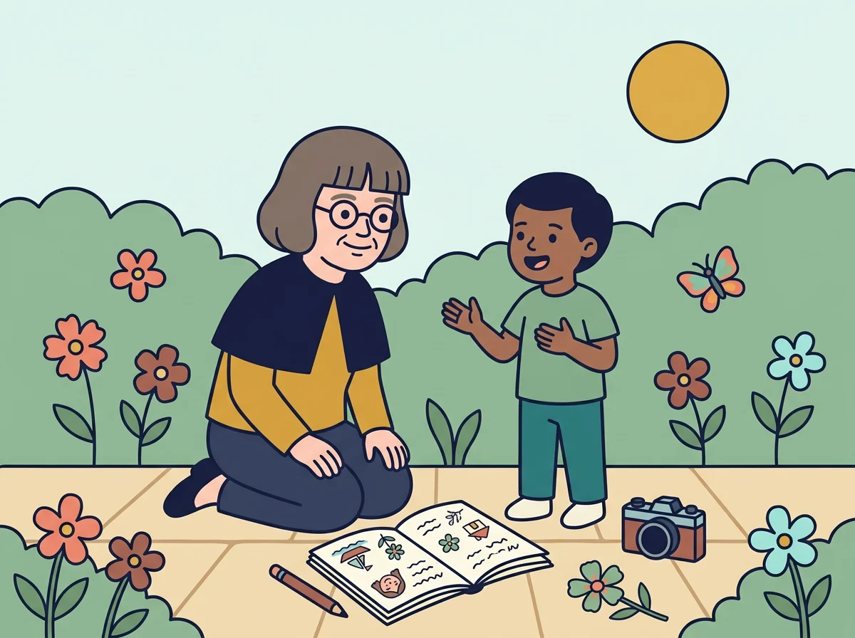 Ilustración: Margaret arrodillada escuchando a un niño, con su cuaderno de campo abierto al lado, lleno de bocetos y notas, un lápiz, una pequeña cámara y una flor prensada.