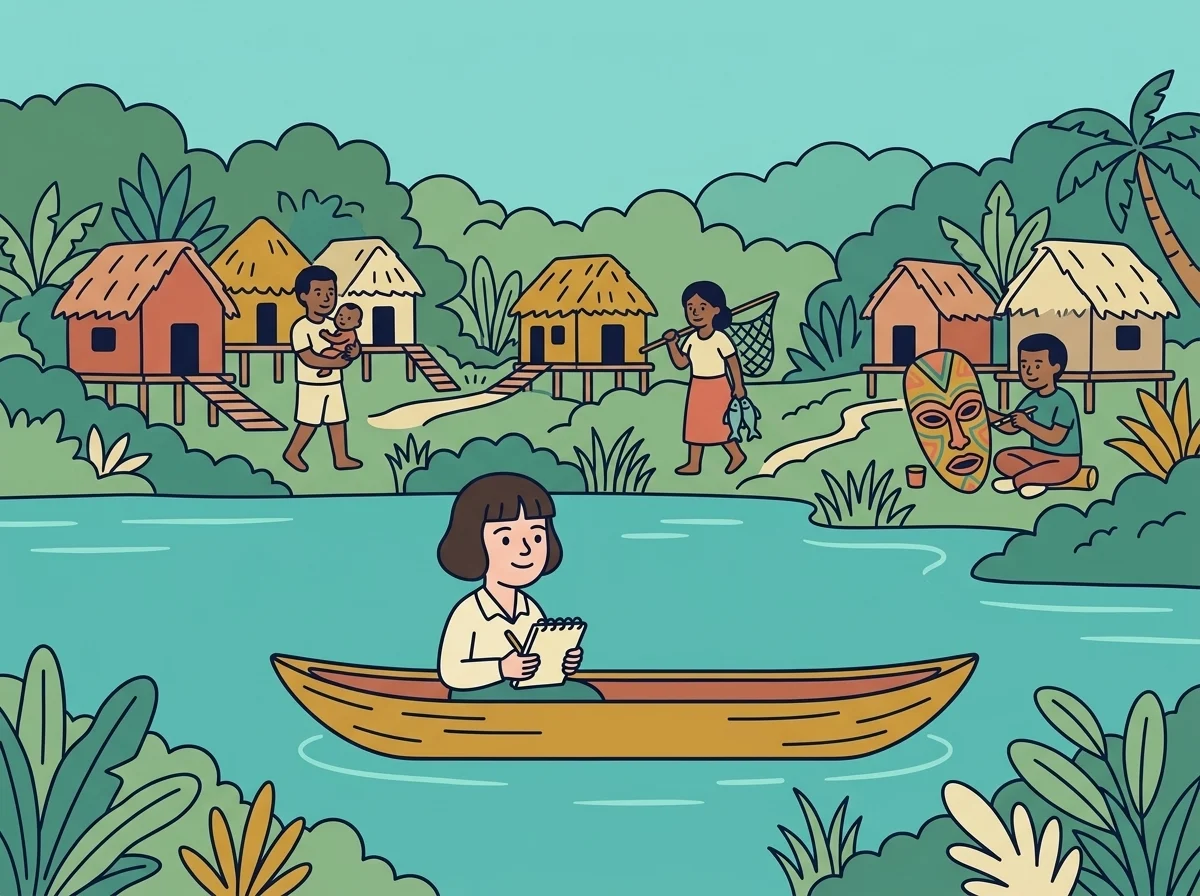 Ilustración: una larga canoa de madera avanzando por el río Sepik junto a tres pueblos: un padre que lleva a su bebé con ternura, una mujer que vuelve de pescar con la red llena y un hombre pintando una máscara tallada.