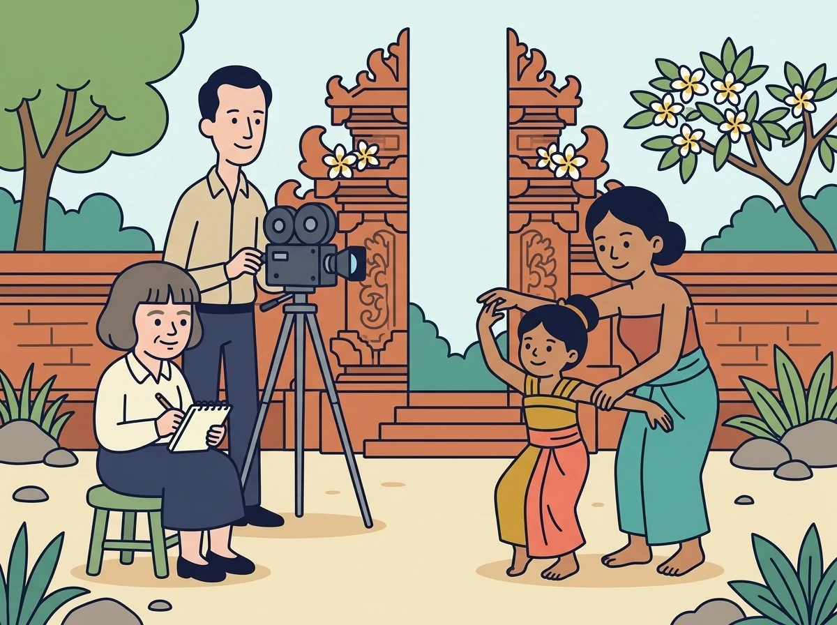 Ilustración: Margaret y su marido Gregory Bateson, un hombre muy alto, filmando con una cámara sobre un trípode, mientras una maestra de danza balinesa guía con suavidad los dedos de una niña delante de la puerta tallada de un templo.