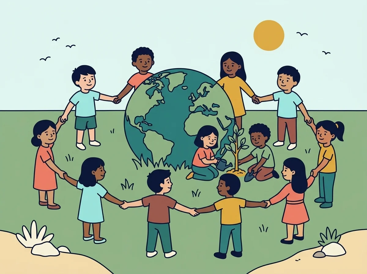 Ilustración: niños de muchas culturas dándose la mano en círculo alrededor de un gran globo terráqueo, mientras un pequeño grupo planta un arbolito en el centro.