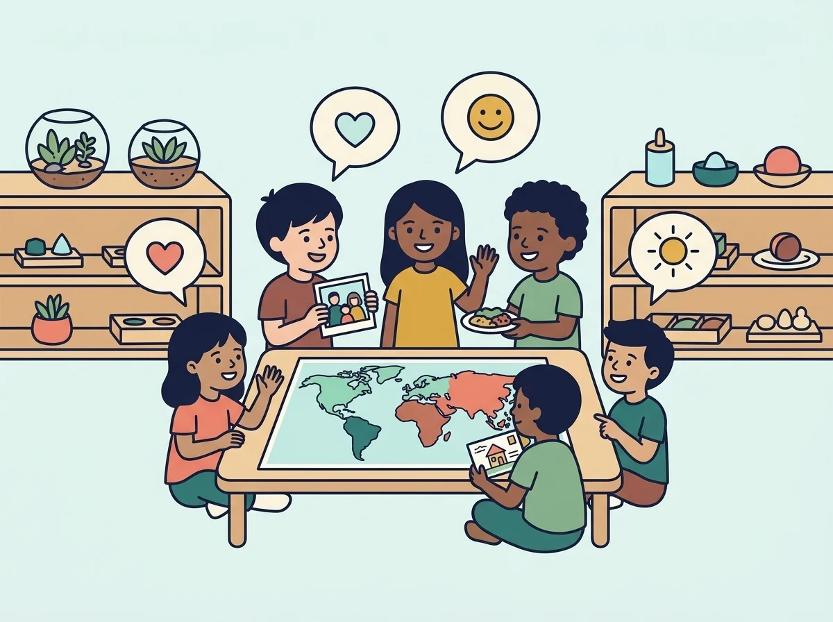 Ilustración: niños en una luminosa clase Montessori reunidos alrededor de un gran mapamundi, compartiendo comidas, saludos y fotos de los países de origen de sus familias.