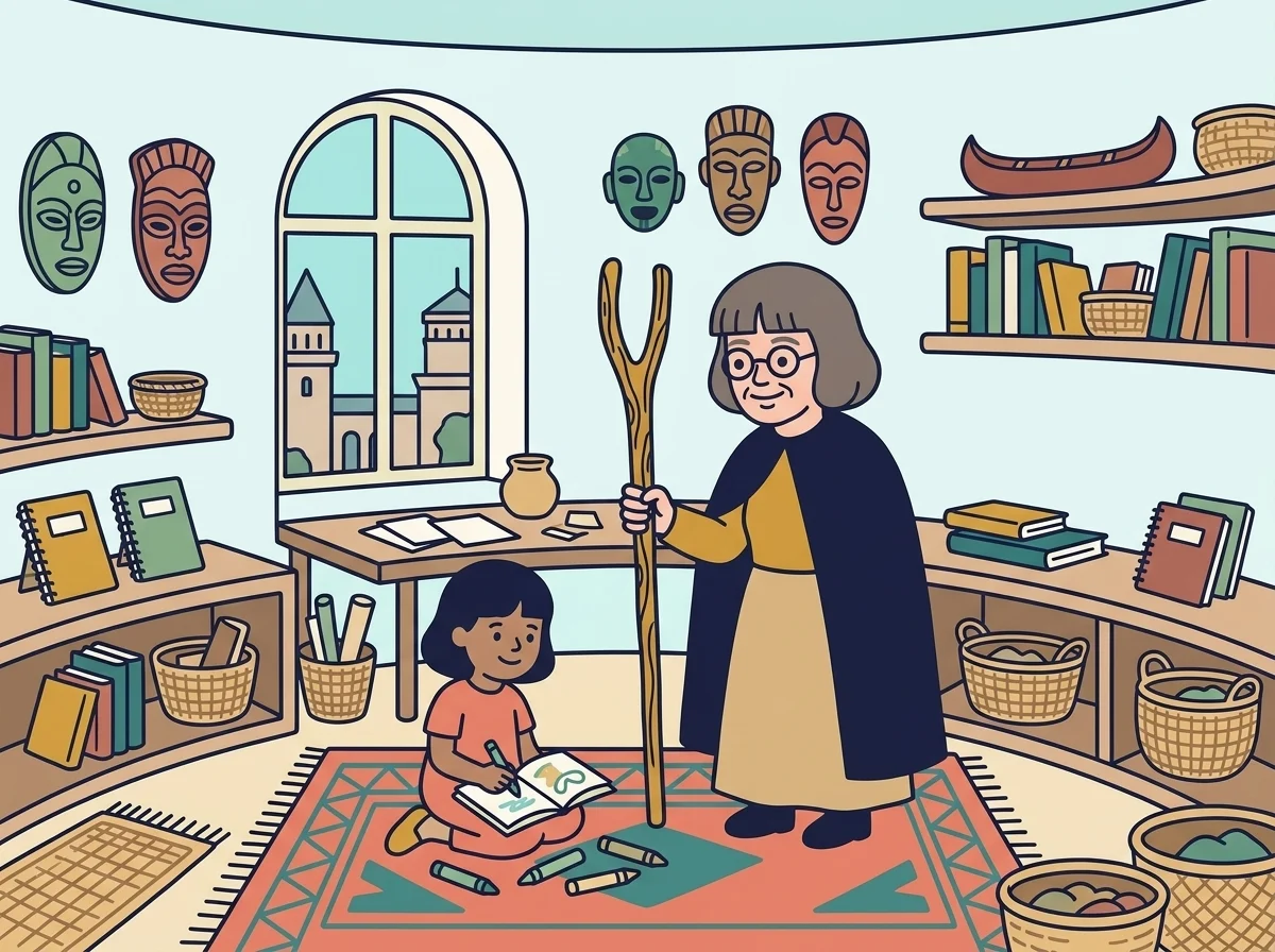 Ilustración: Margaret en su pequeño despacho de la torre del museo, con su larga capa y su bastón en forma de horquilla, rodeada de estanterías con libros, cestas y máscaras, mientras la pequeña Catherine dibuja a sus pies.