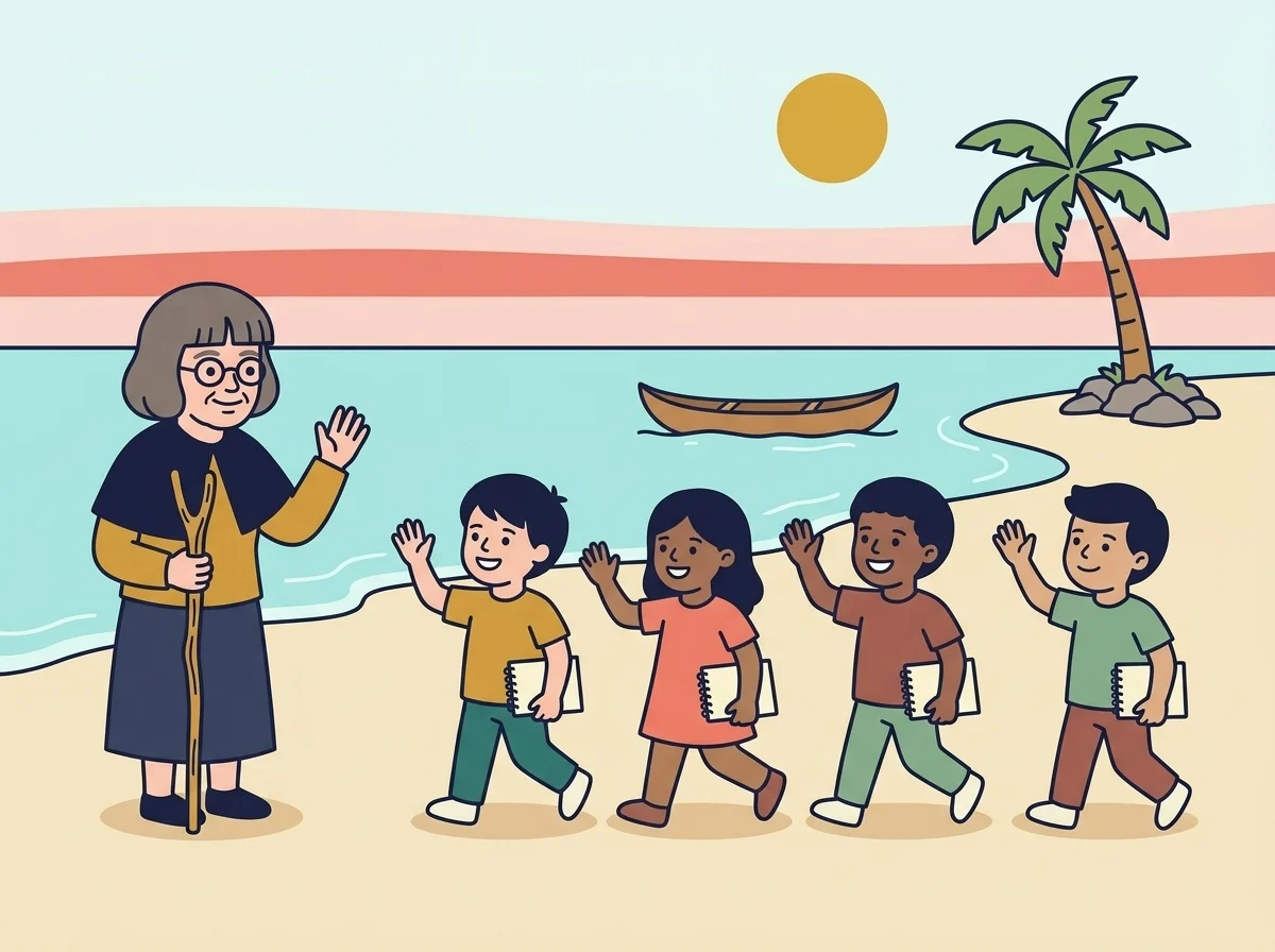 Ilustración: Margaret, ya mayor, con su capa y su bastón en forma de horquilla, diciendo adiós en una playa a un grupo de niños con cuadernos que parten hacia sus propias aventuras, con una canoa en el mar detrás.